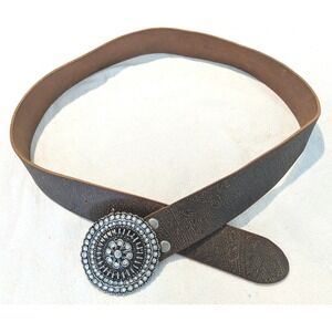Fossil Genuine Leather Concho Belt Brown Tooled Western Boho Rhinestone Buckle M